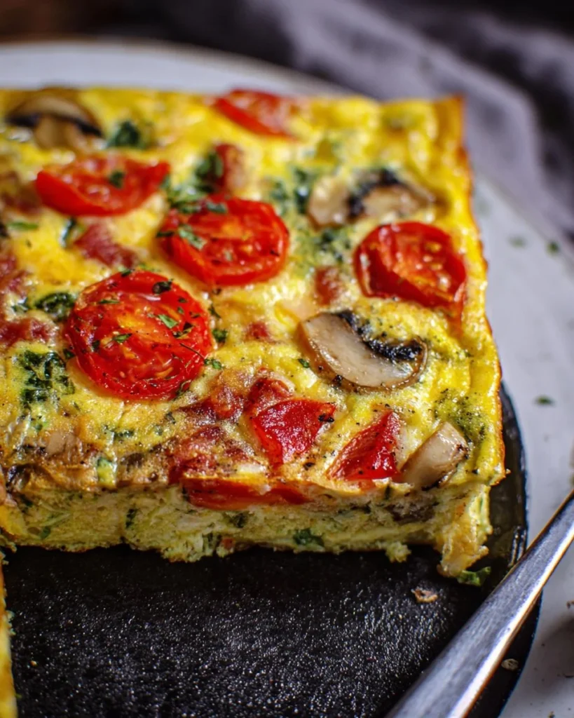 Delicious egg frittata casserole with colorful vegetables baked in a dish