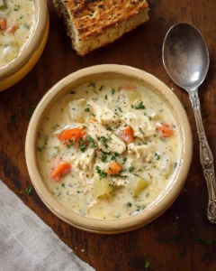 Bowl of creamy chicken chowder topped with herbs and vegetables