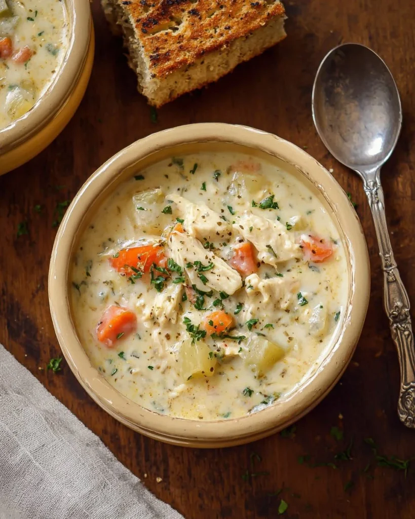 Bowl of creamy chicken chowder topped with herbs and vegetables