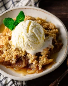 Delicious Grandma's Apple Crisp dessert topped with crunchy oats and cinnamon.