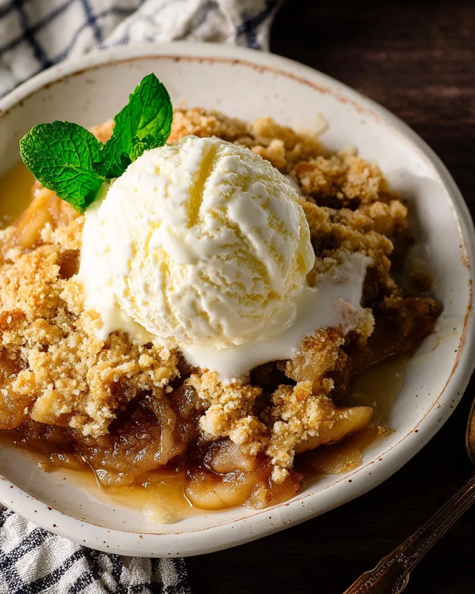 Delicious Grandma's Apple Crisp dessert topped with crunchy oats and cinnamon.