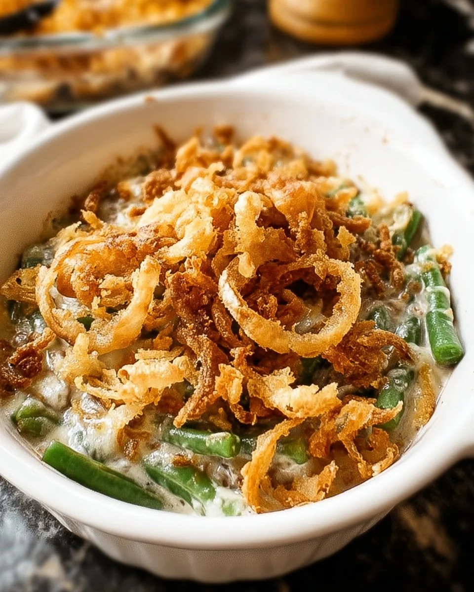 Delicious homemade green bean casserole topped with crispy onions and cheese