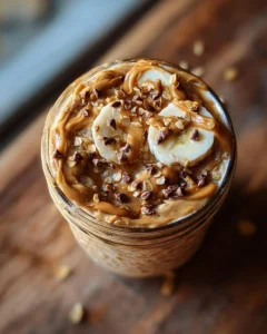 Bowl of high-protein peanut butter overnight oats topped with fresh fruit