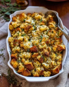 Homemade buttery herb stuffing prepared with fresh herbs and buttery bread