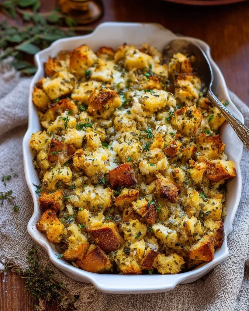 Homemade buttery herb stuffing prepared with fresh herbs and buttery bread
