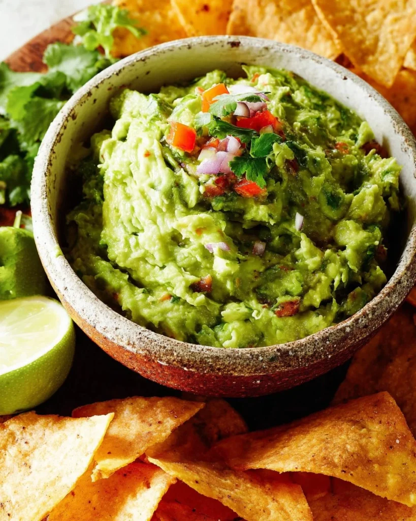 Bowl of homemade guacamole with fresh ingredients