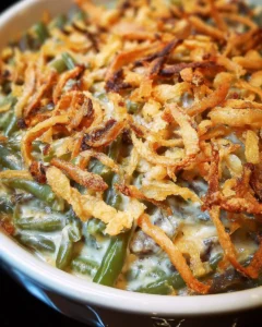 Delicious homemade Southern green bean casserole topped with crispy onions