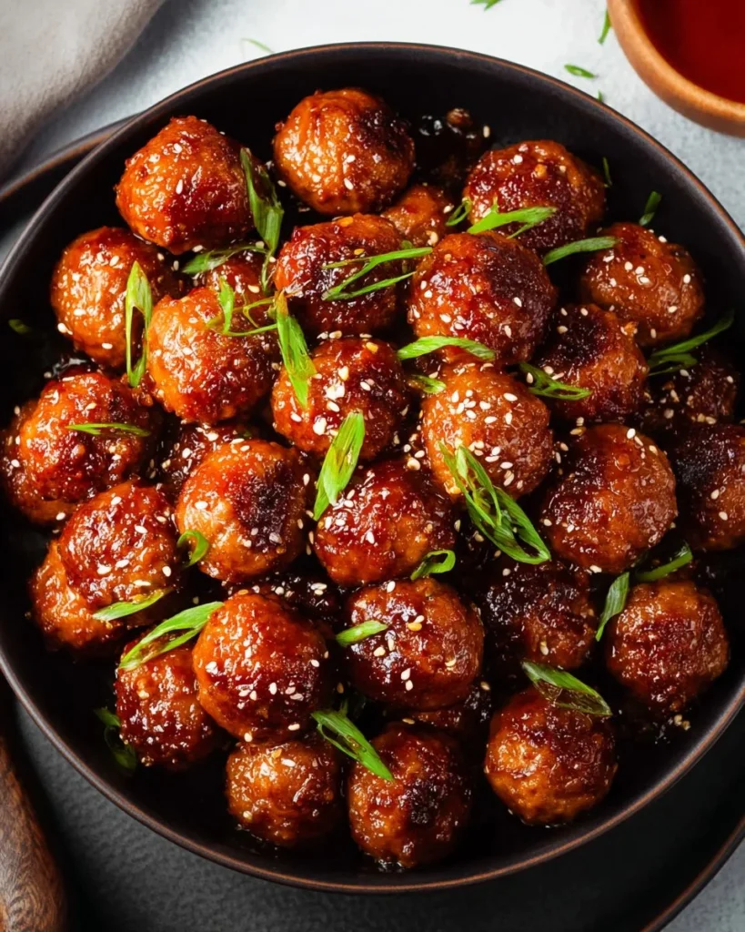 Plate of honey garlic meatballs glazed with a sweet sauce