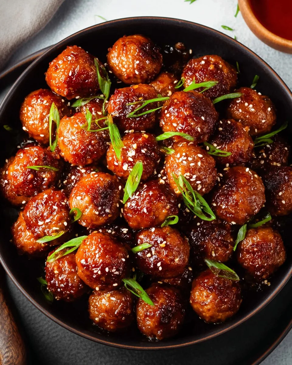 Plate of honey garlic meatballs glazed with a sweet sauce