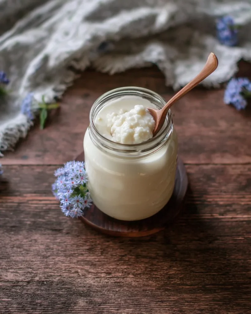 Homemade milk kefir made with grains in a jar on a kitchen counter