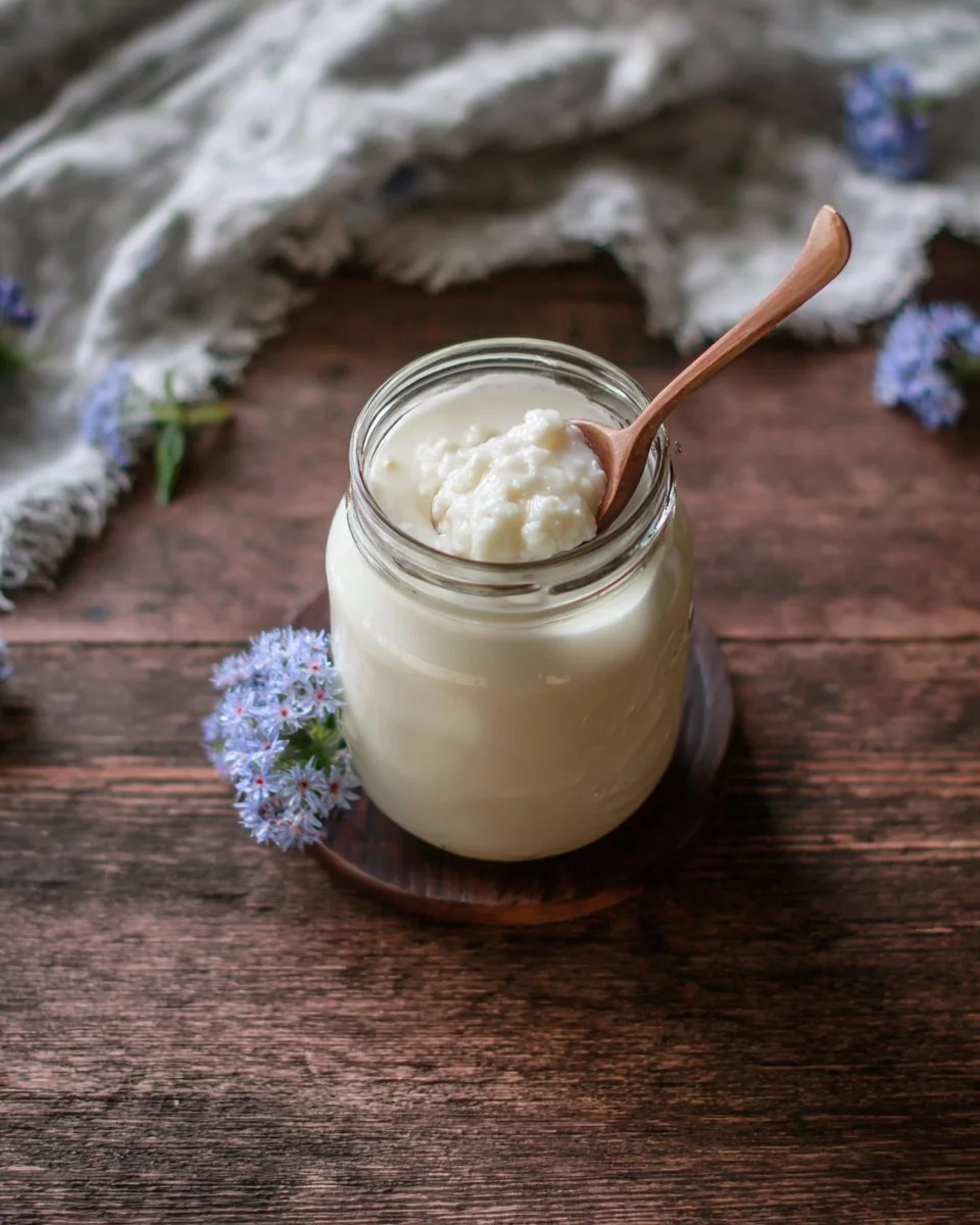 Homemade milk kefir made with grains in a jar on a kitchen counter