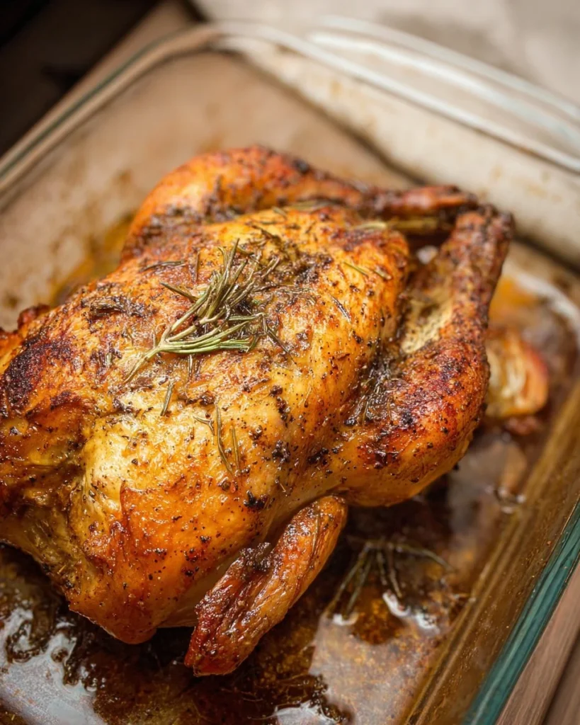 Perfectly roasted chicken with herbs and spices on a platter.