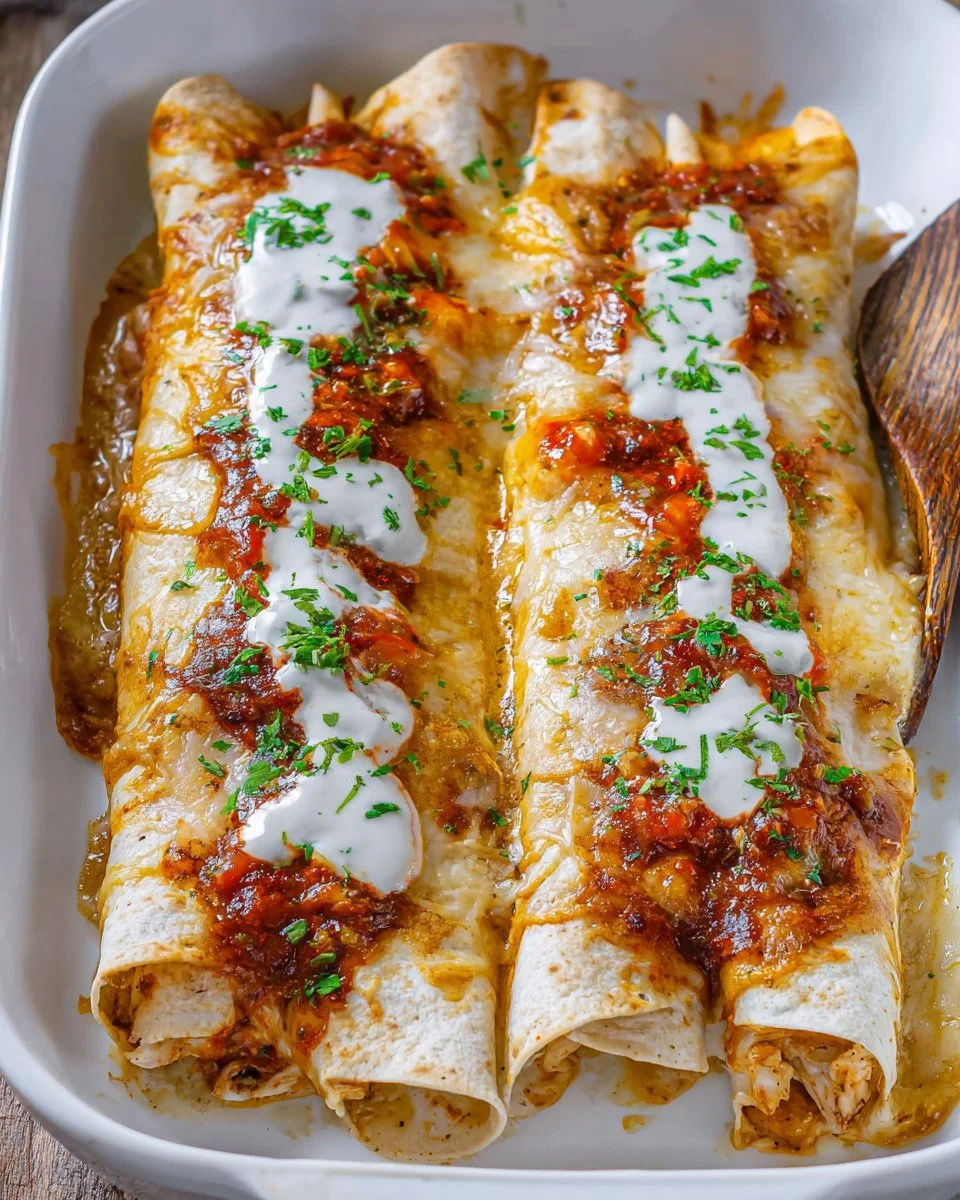 Delicious Instant Pot Chicken Enchiladas with creamy white cheese sauce