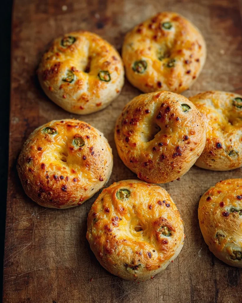 Freshly baked Jalapeño Cheddar Sourdough Bagels with melty cheese