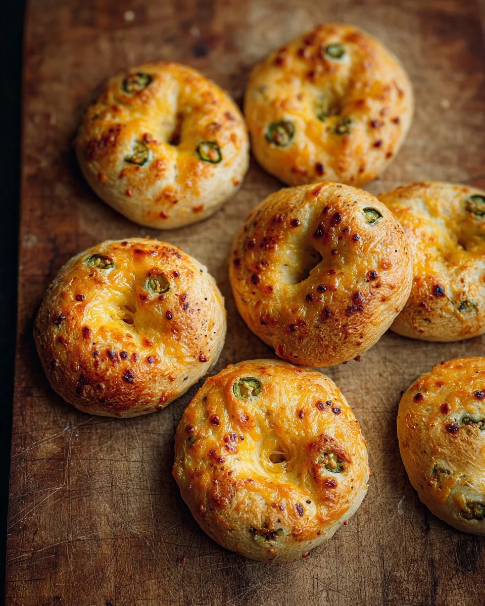 Freshly baked Jalapeño Cheddar Sourdough Bagels with melty cheese