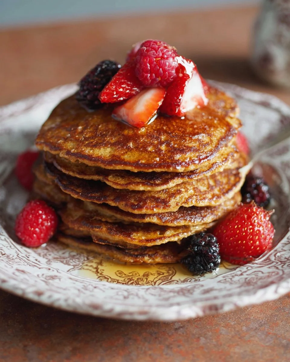 Fluffy whole grain Einkorn pancakes served with fresh berries and maple syrup