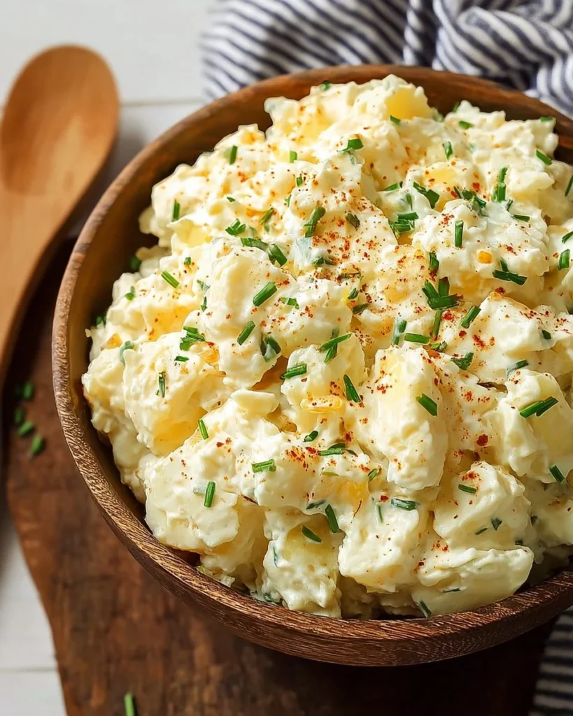 Bowl of Old Fashioned Potato Salad with fresh herbs and vegetables