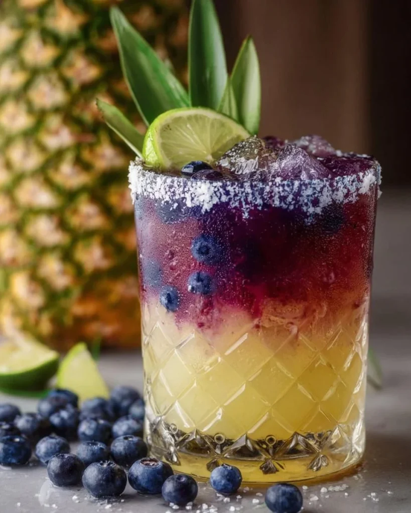 Delicious Pineapple Blueberry Margarita in a glass with fresh fruits