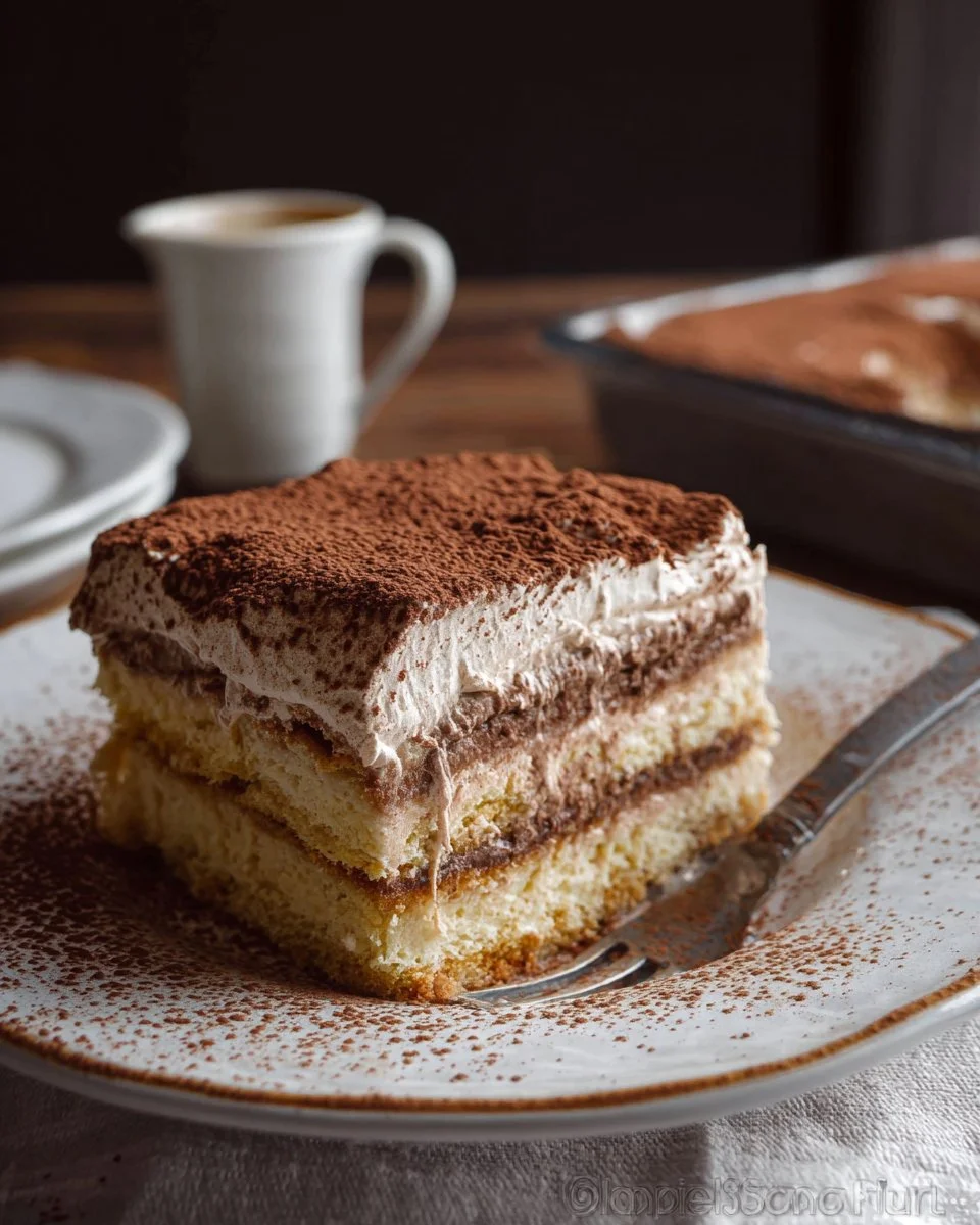 Delicious Sheet Pan Tiramisu Cake with creamy layers and cocoa dusting