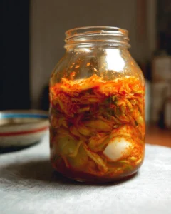 A bowl of homemade kimchi featuring vibrant vegetables and spices.