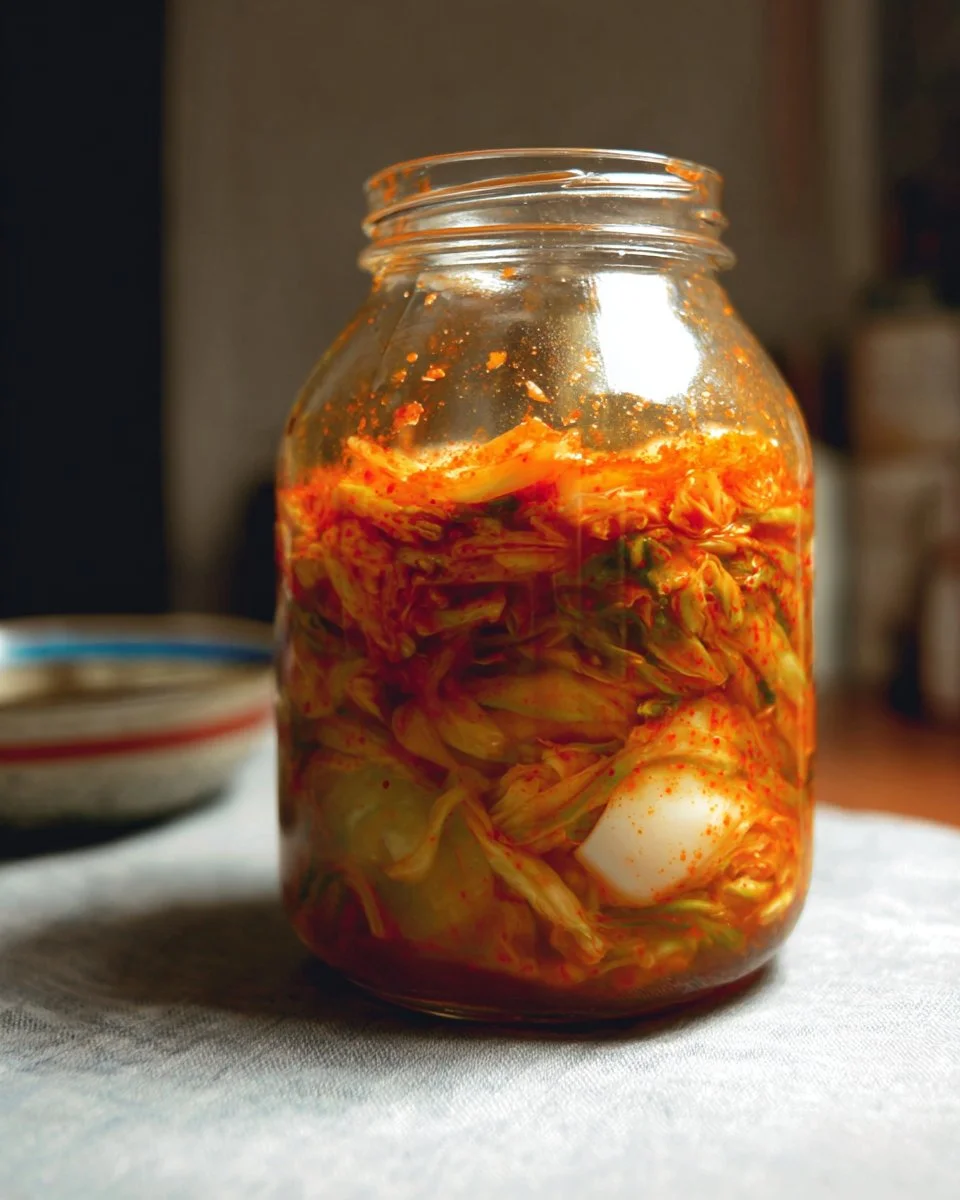 A bowl of homemade kimchi featuring vibrant vegetables and spices.