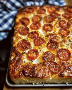 Sourdough focaccia pizza topped with fresh ingredients and herbs