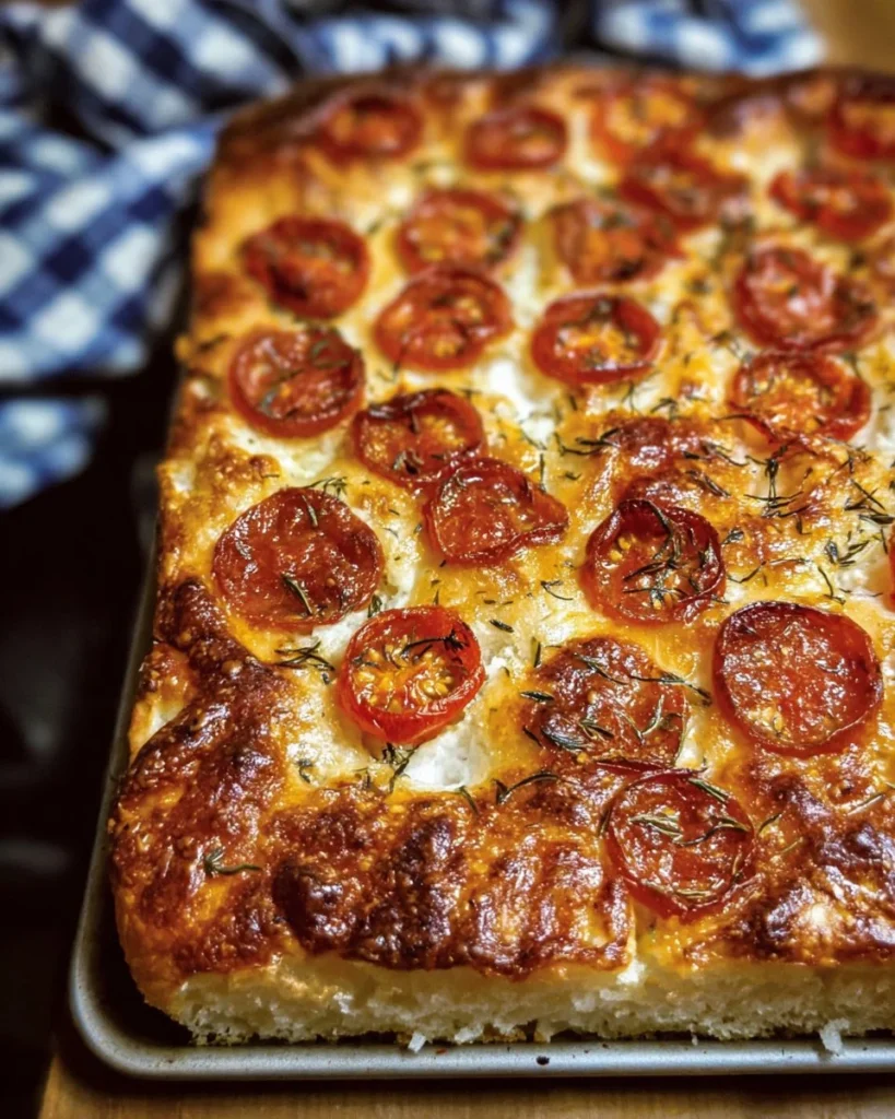 Sourdough focaccia pizza topped with fresh ingredients and herbs