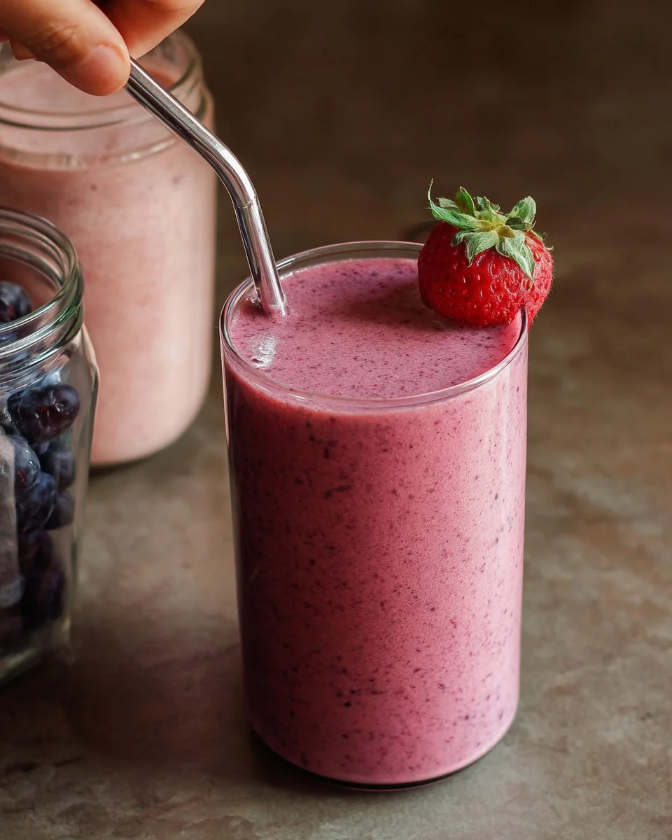 Strawberry Blueberry Kefir Smoothie in a glass with fresh berries