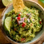 Delicious homemade guacamole served in a bowl with tortilla chips.