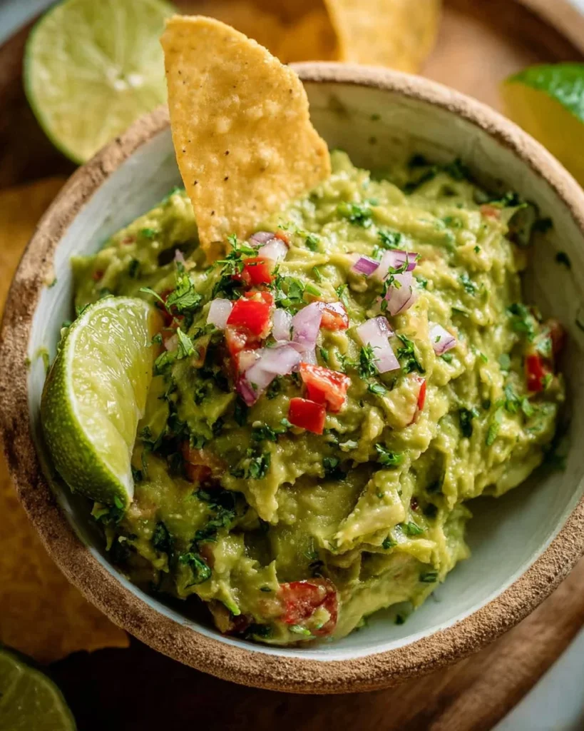 Delicious homemade guacamole served in a bowl with tortilla chips.