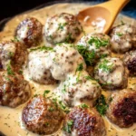 Delicious homemade Swedish meatballs served with creamy sauce and lingonberry.