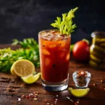 Classic Bloody Mary cocktail recipe with vegetables and spices.