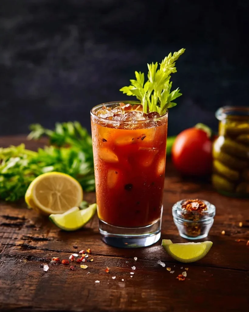 Classic Bloody Mary cocktail recipe with vegetables and spices.