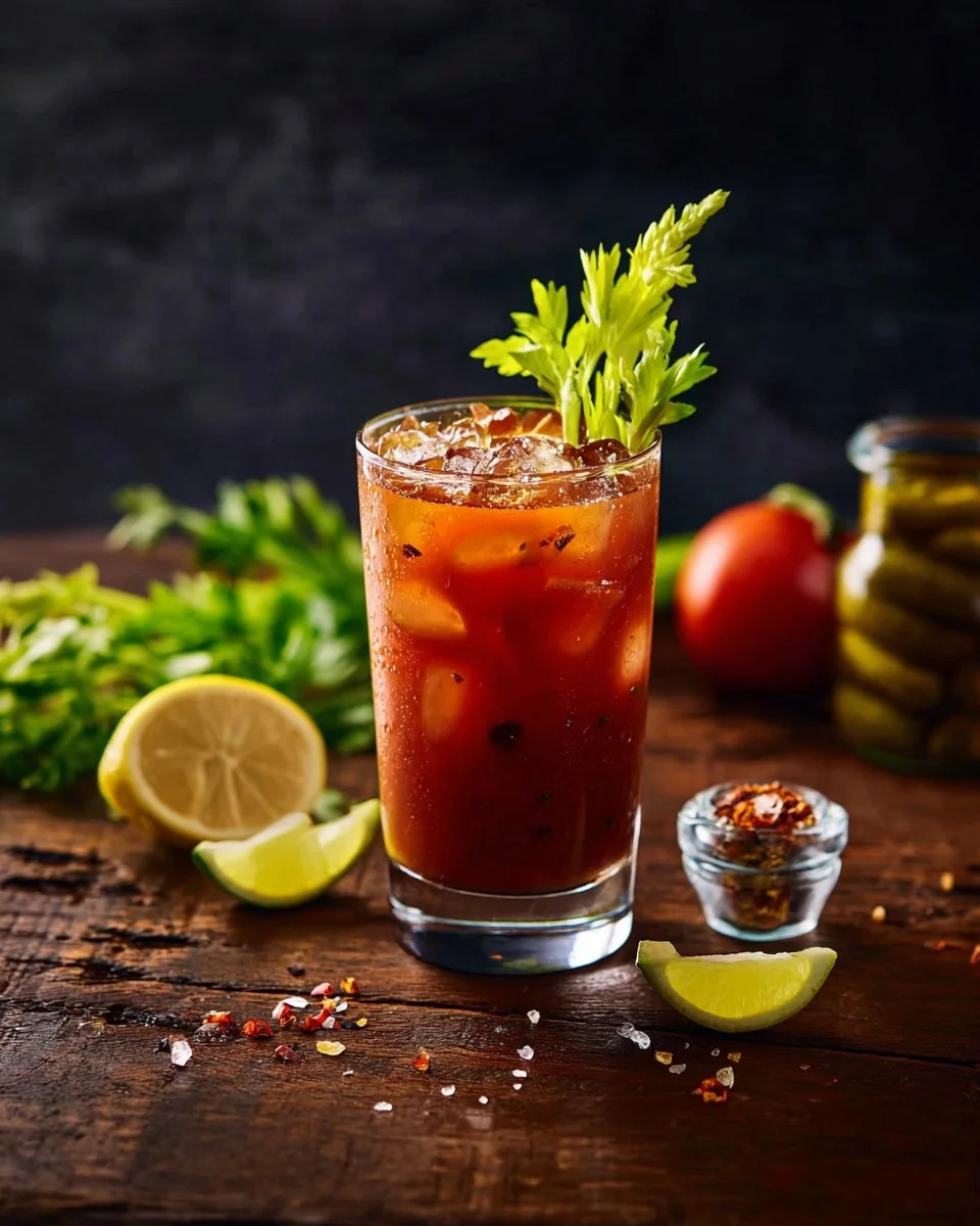 Classic Bloody Mary cocktail recipe with vegetables and spices.