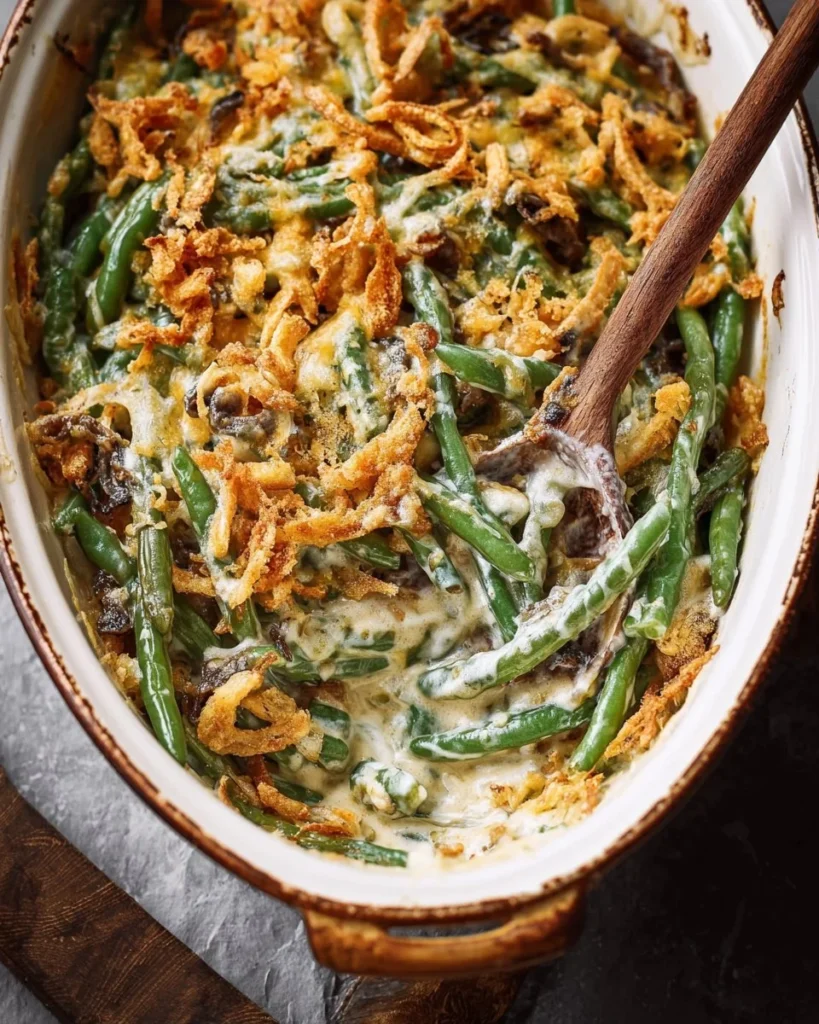 Delicious ultimate green bean casserole topped with crispy onions