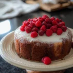 Whole Wheat Raspberry Honey Cake topped with fresh raspberries and honey glaze.