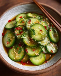 Delicious Asian cucumber salad with fresh vegetables and sesame dressing