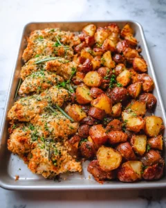 Baked Garlic Parmesan Chicken served with roasted potatoes