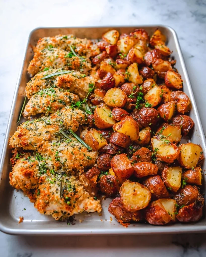 Baked Garlic Parmesan Chicken served with roasted potatoes