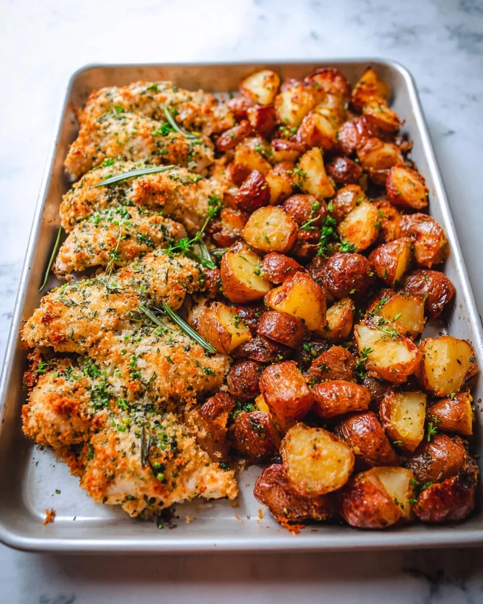 Baked Garlic Parmesan Chicken served with roasted potatoes