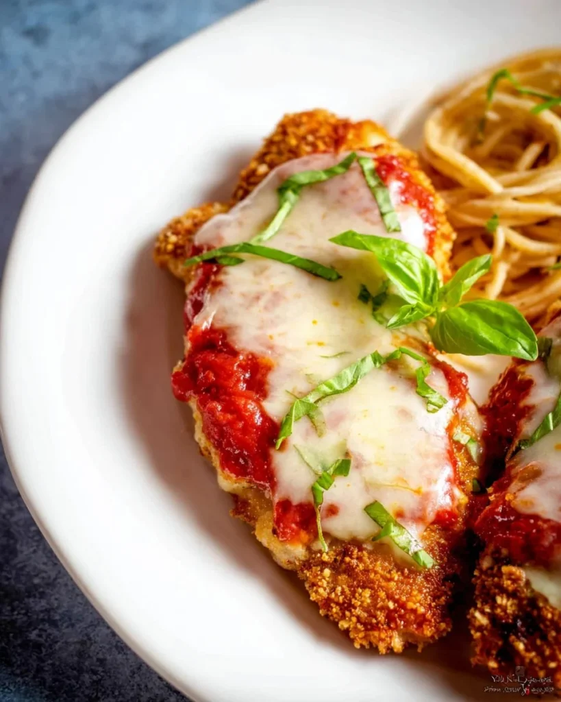 Delicious homemade chicken parmesan with sauce and cheese on a plate