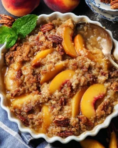 Delicious homemade peach cobbler with golden crust and juicy peaches