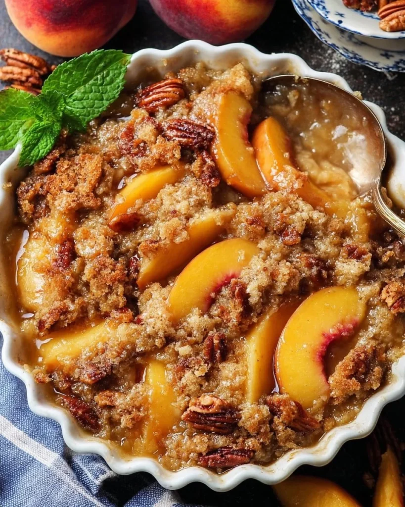 Delicious homemade peach cobbler with golden crust and juicy peaches