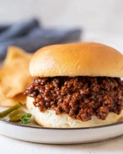 Delicious homemade sloppy joe served on a bun with toppings.