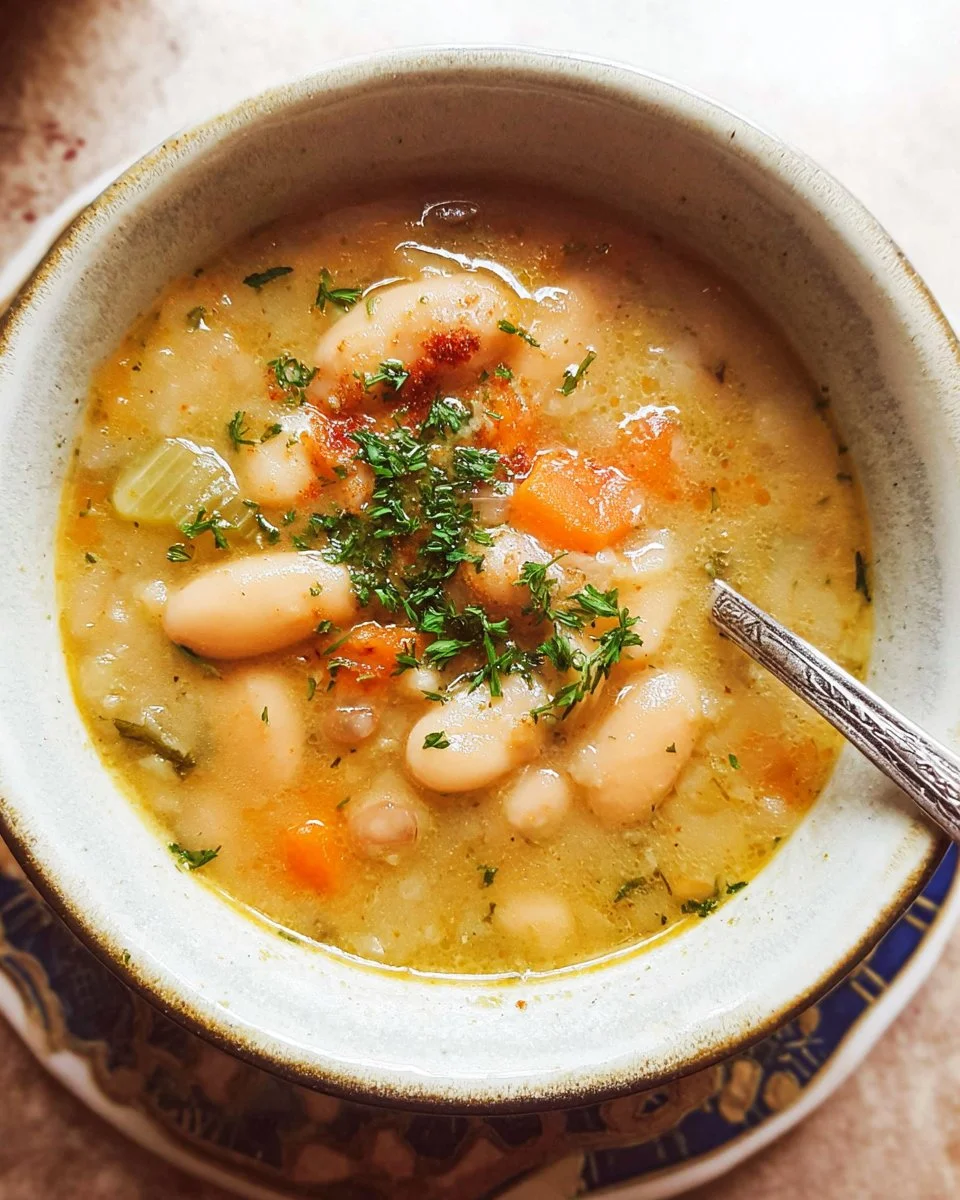 A bowl of creamy butter bean soup garnished with herbs and spices