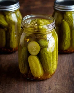 Homemade canned dill pickles in glass jars on a kitchen counter