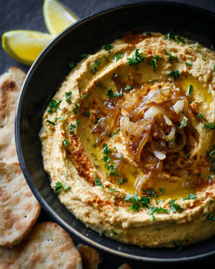 Bowl of creamy caramelized onion hummus with fresh vegetables and herbs