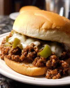 Cheesesteak style sloppy joes served on a plate with toppings