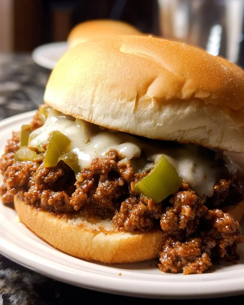Cheesesteak style sloppy joes served on a plate with toppings