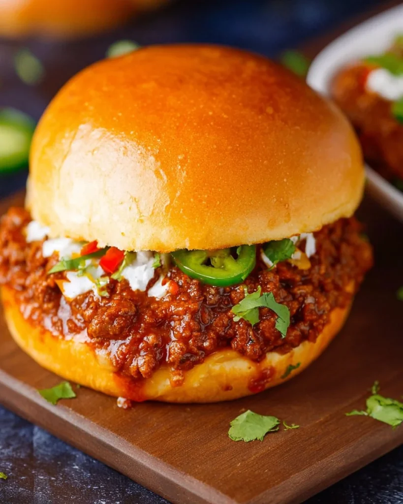 Cheesy taco sloppy joes served on a plate with toppings
